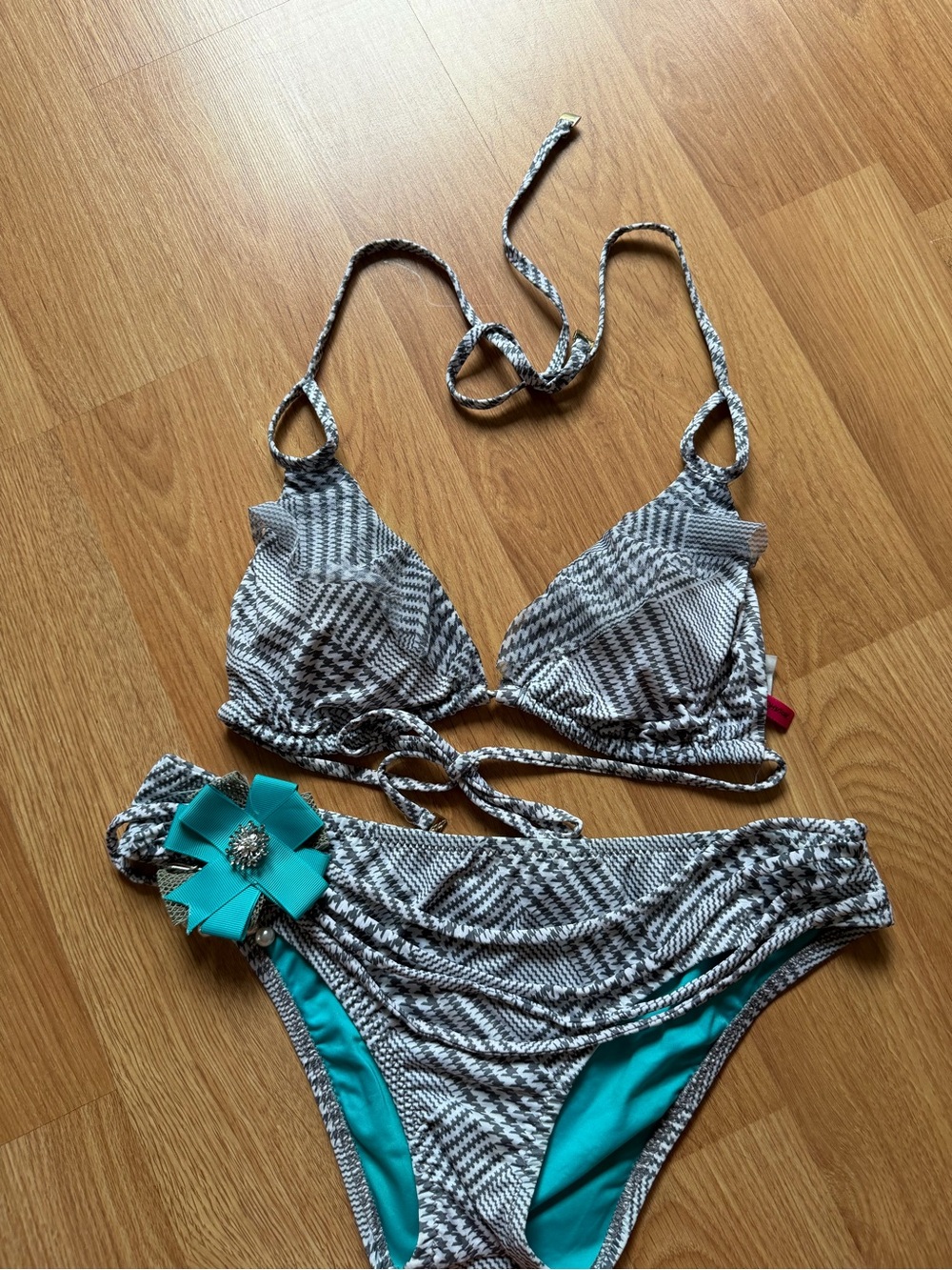 Betsey Johnson Grey & White Houndstooth Bikini with Turquoise Flower Accent